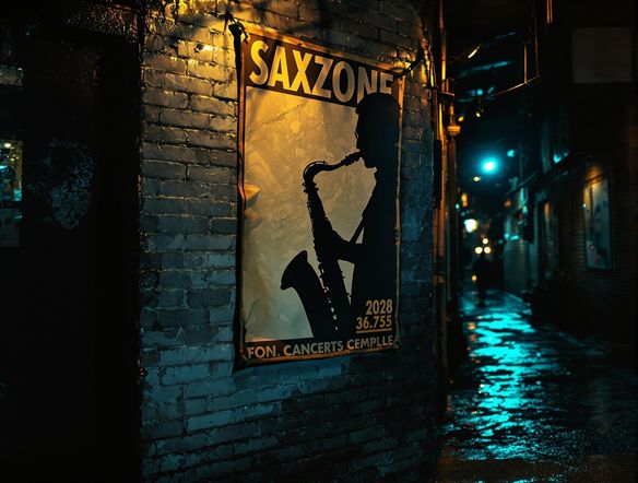 Create a realistic mockup of a concert poster on a brick wall in a dimly lit alleyway. The poster is for a jazz concert and features a saxophone player silhouette.