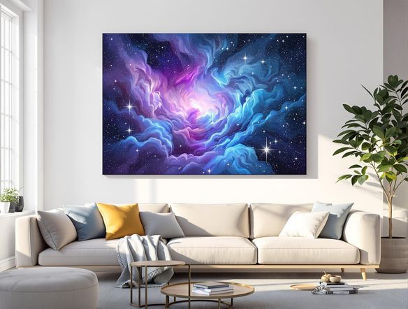 A vibrant painting of a nebula hanging on a clean, white wall in a modern living room, bathed in soft, natural light.