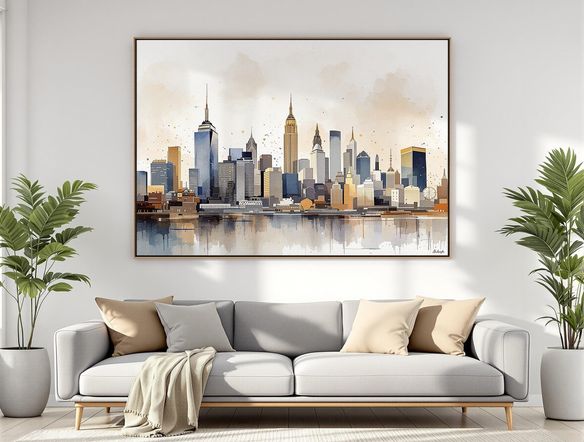 A vibrant watercolor painting of a cityscape hanging above a modern sofa in a brightly lit living room. Soft, natural light. High-resolution, photorealistic rendering. Showcase the artwork's texture and color variations.