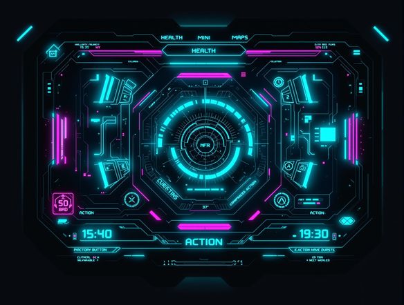 A futuristic video game interface displaying health bars, mini-maps, and action buttons, rendered in a sleek, neon-cyberpunk style with glowing accents.