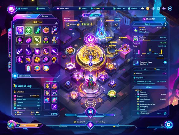A vibrant, futuristic fantasy RPG game UI mockup. Showcasing a character inventory screen, skill tree, and quest log. Bright, glowing icons and clean typography. Digital art style.