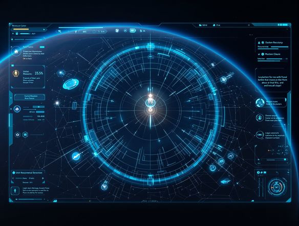 A sleek, minimalist sci-fi strategy game interface. Featuring a top-down view of a planet with resource counters and unit selection panels. Dark blue and cyan color scheme, geometric patterns.