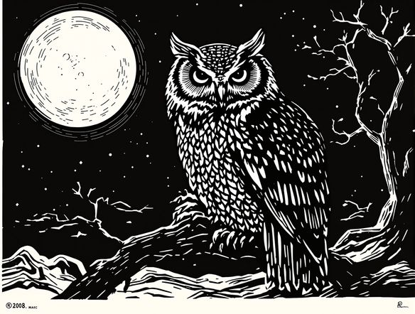 A stylized linocut illustration of a majestic owl perched on a moonlit branch, featuring bold black and white lines and a strong carved texture, relief print AI.