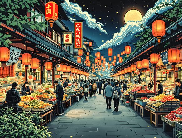 A vibrant linocut style AI depiction of a bustling Japanese market scene, with dynamic compositions and strong graphic elements, inspired by traditional woodcut art generator.