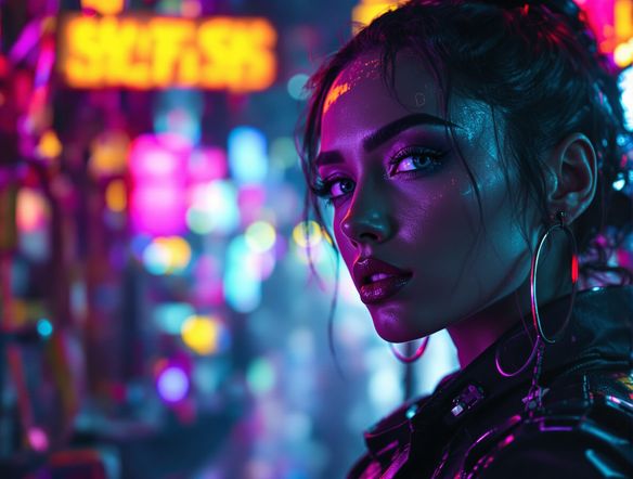 A portrait photo converted into a cyberpunk digital art style, featuring neon lights, intricate details, and a futuristic atmosphere. AI photo filter effects applied.