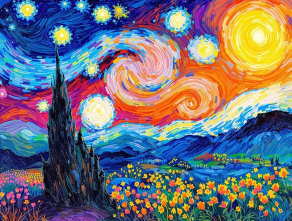 A vibrant landscape photo transformed into a Van Gogh-style oil painting, showcasing bold brushstrokes and rich colors. AI image stylizer effect applied.