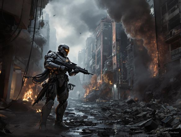 A highly detailed 3D character model of a futuristic soldier. The soldier is wearing advanced armor and wielding a plasma rifle. The scene is set in a war-torn city, with smoke and debris filling the air. Use a realistic and gritty art style.