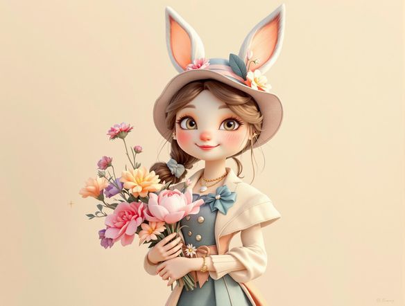 A whimsical 3D character design, perfect for a wedding invitation. The character is holding a bouquet of flowers and has a friendly, inviting expression. Use soft pastel colors and a playful art style.