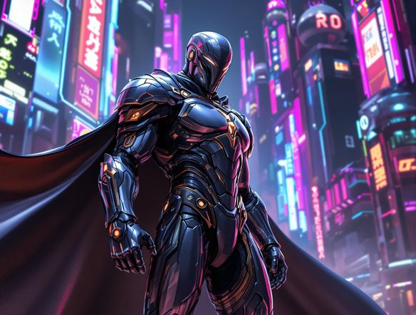 A vibrant and detailed 3D character standing in a dynamic pose, showcasing a blend of futuristic and fantasy elements, set against a neon-lit cityscape.
