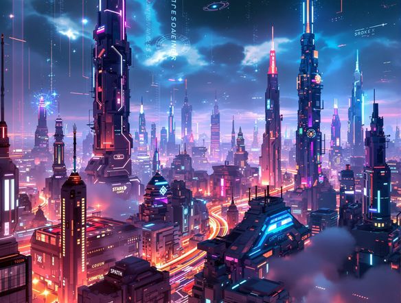 A futuristic cityscape rendered in a vibrant, augmented reality style, with holographic overlays and glowing neon lights, viewed through a digital lens.