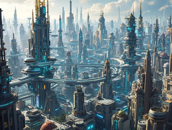 A hyper-realistic cityscape with futuristic architectural elements seamlessly integrated, showcasing digital cityscape augmentation with glowing data streams and elevated transport systems.