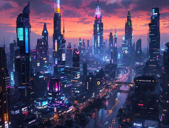 Futuristic cityscape at dusk, holographic advertisements shimmering, flying vehicles, neon lights reflecting on wet streets, advanced architecture, AI urban landscape creation.