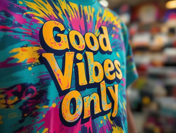 A close-up of a T-shirt mockup with a bold, retro design. The text is rendered using a groovy retro font generator and reads "Good Vibes Only." The background is a blurred image of a vintage record store.