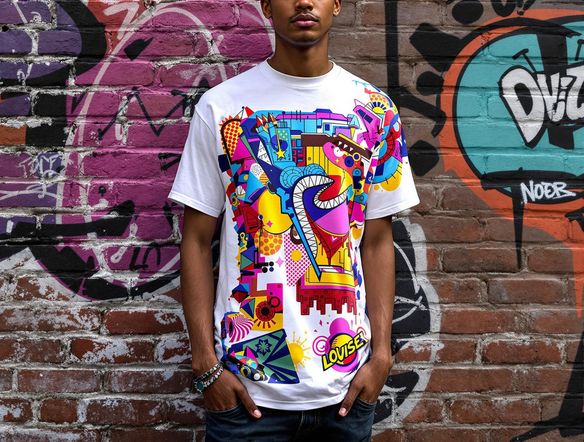 A person wearing a t-shirt with a vibrant and eye-catching design, standing against a trendy urban background, showcasing the t-shirt mockup in a realistic setting.