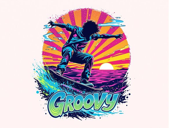 A T-shirt mockup featuring a vibrant, psychedelic design with text created using a wavy groovy font generator. The shirt is displayed on a person skateboarding at sunset. Capture the 70s vibe.