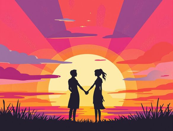 A vibrant and joyful discord profile picture generator of a happy couple silhouetted against a sunset, holding hands, with a playful, modern design. Use bright, cheerful colors. Discord avatar generator.