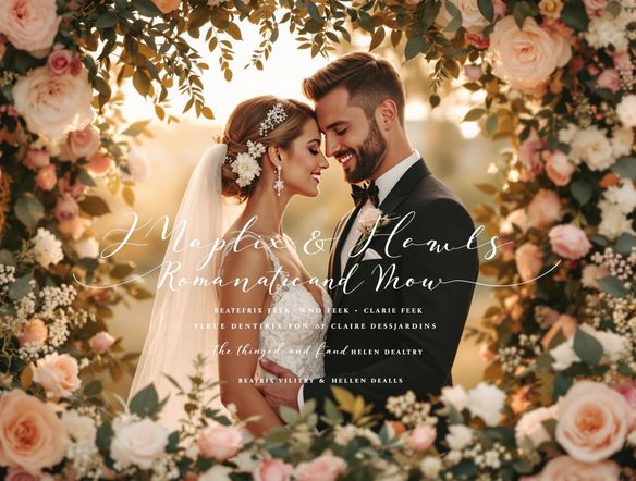 Elegant wedding invitation design with floral accents, soft lighting, and romantic script font, showcasing the names of the couple and the date.