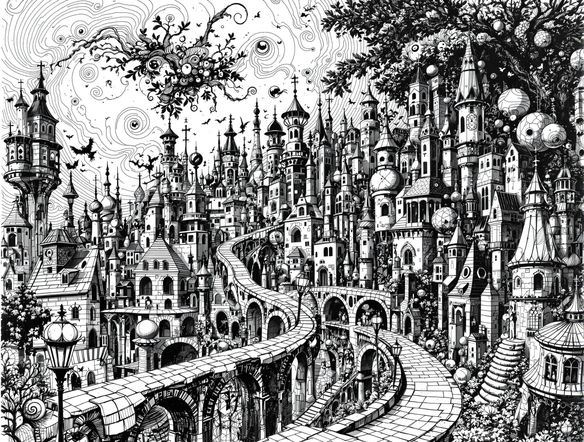 A detailed ballpoint pen drawing of a whimsical, fantastical cityscape, intricate linework, cross-hatching, high contrast, black ink on textured paper.