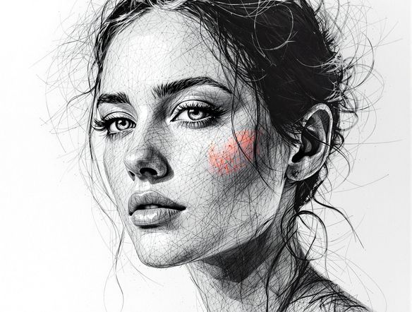 A hyperrealistic portrait of a person's face, rendered entirely in intricate ballpoint pen cross-hatching and linework, with a subtle splash of watercolor.