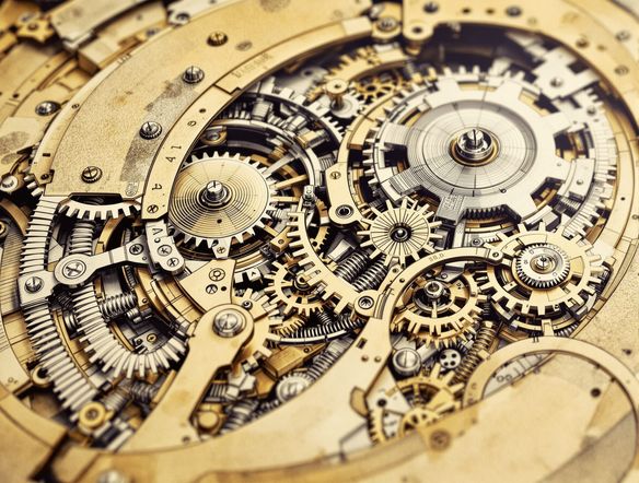 A close-up, hyperrealistic ballpoint pen drawing of a vintage mechanical clockwork device, detailed gears and springs, subtle shading, biro pen texture, on aged parchment.
