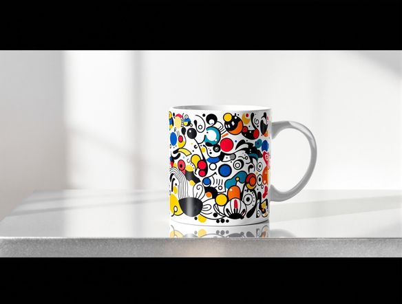 A clean, white mug with a vibrant, abstract design, photographed in a bright, minimalist studio setting.
