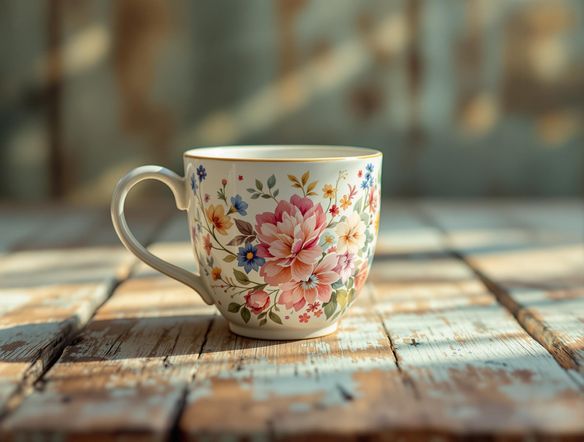 A photorealistic mug mockup featuring a vibrant, intricate floral design. The mug sits on a rustic wooden table with soft, natural lighting. In the background, a subtly blurred cursive handwriting worksheet generator interface is visible.