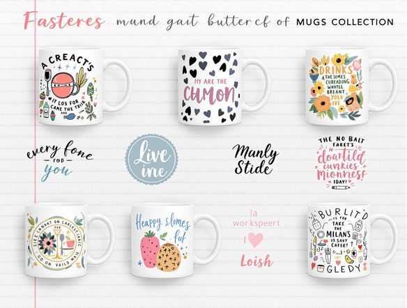 A collection of different mug mockups showcasing various designs, from minimalist logos to complex illustrations. Include a subtle overlay of a cursive generator worksheet, emphasizing the creative potential. Focus on bright, inviting colors and a clean, modern aesthetic.