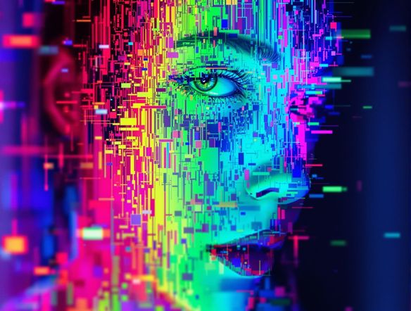 A portrait with vibrant, fragmented glitch effects, digital noise, datamoshing artifacts, broken pixels, neon color palette, surreal, high detail, 8k.