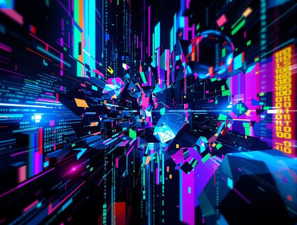 Abstract glitch art with distorted geometric shapes, corrupted data streams, broken color channels, digital artifacts, vibrant neon and dark background, futuristic, high resolution.