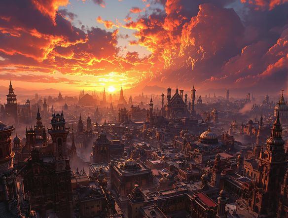 A hyper-realistic matte painting of a sprawling, ancient city at sunset, intricate architectural details, cinematic lighting, dramatic clouds, wide-angle view, 8k resolution.