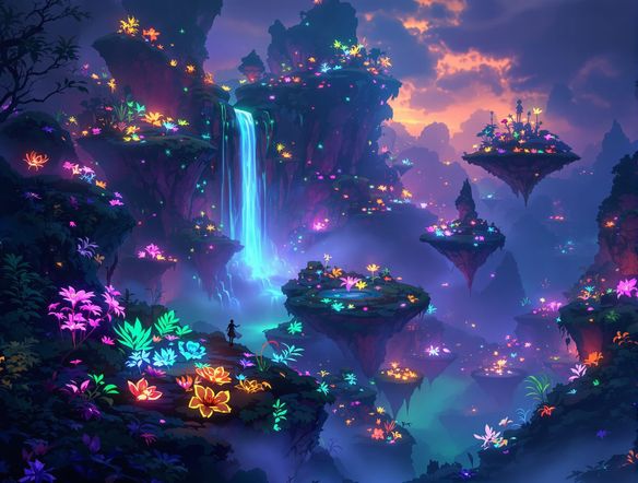 An ethereal fantasy landscape, glowing flora, floating islands, a shimmering waterfall cascading into mist, vibrant colors, mystical atmosphere, generated by a virtual background creation AI.