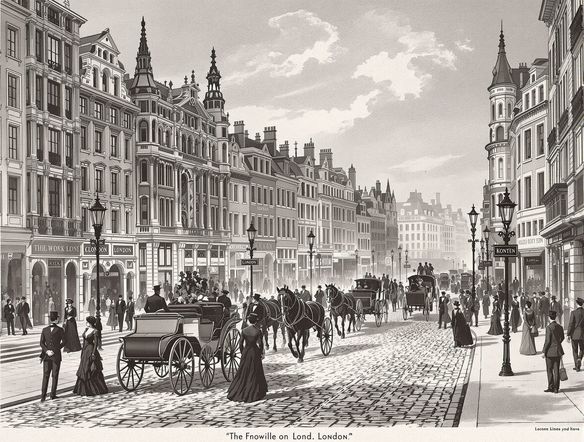 A detailed Victorian-style drawing of a bustling London street scene, with horse-drawn carriages and elegantly dressed pedestrians, rendered in the style of a vintage illustration.