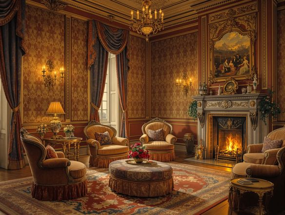 An ornate illustration AI piece depicting a grand Victorian parlor, featuring plush velvet furniture, detailed wallpaper, and a fireplace, in the style of 19th-century art.