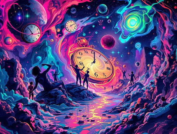 A vibrant, swirling psychedelic poster with melting clocks, cosmic patterns, and abstract figures, rendered in neon pinks, electric blues, and acid greens.