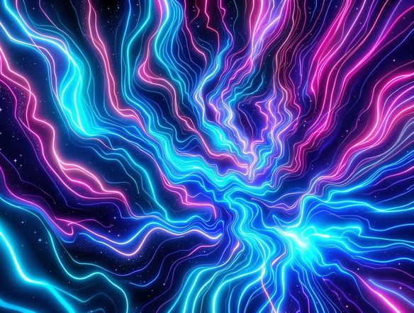 An electrifying neon psychedelic art piece with glowing, fluid lines and abstract shapes, radiating vibrant blues, purples, and pinks. A trippy poster design that feels alive and dimensional.