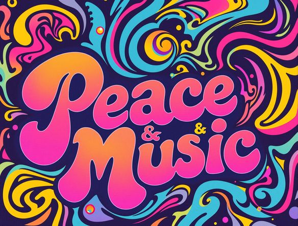 A vibrant, retro psychedelic poster art design from the 1960s, featuring swirling patterns, bold colors, and stylized typography, evoking a sense of peace and music. Use keywords: 60s poster art, retro psychedelic poster.
