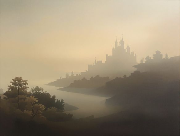 A serene landscape with a distant castle, painted with the Sfumato technique AI art, showcasing soft edges and a hazy, dreamlike atmosphere. Classical oil painting.