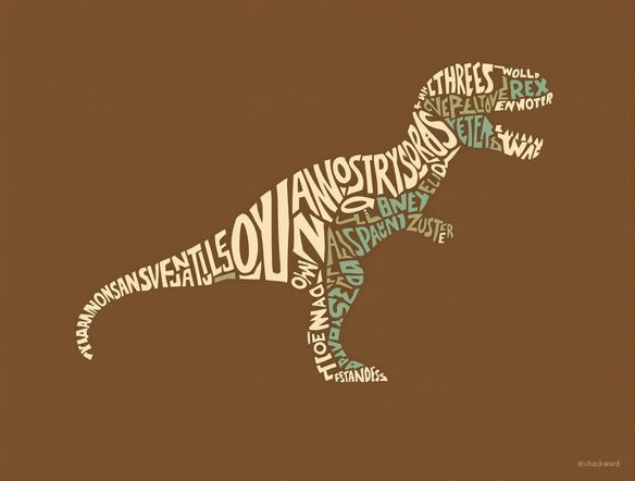 Generate a logo featuring the silhouette of a Tyrannosaurus Rex formed by creatively arranged letterforms. The color scheme should be earthy tones like brown, green, and beige. The overall style should be modern and minimalist.