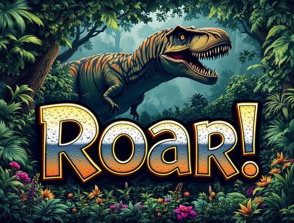 A Jurassic jungle scene with bold dinosaur-themed fonts spelling out 'Roar!' in various styles, digital art.