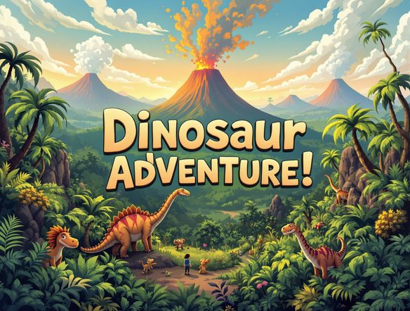 Create a banner featuring the words "Dinosaur Adventure!" in a font resembling fossilized dinosaur bones. The background should depict a lush prehistoric jungle with distant volcanoes. Add playful cartoon dinosaurs around the text.