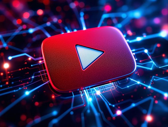 A sleek, modern YouTube logo with dynamic colors and a play button icon, set against a vibrant, abstract background of interconnected digital networks.