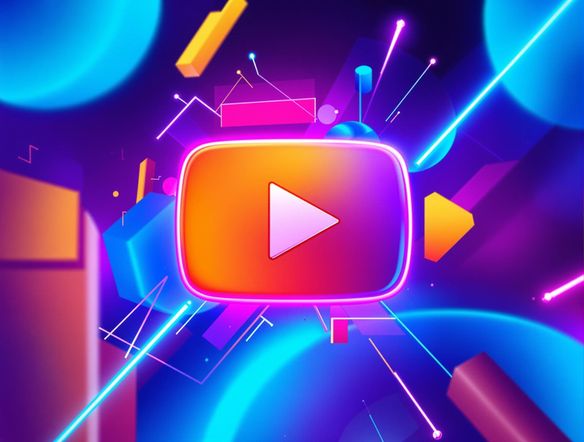 A vibrant and eye-catching YouTube logo featuring a stylized play button integrated with abstract geometric shapes, set against a gradient background of electric blue and neon purple.