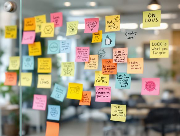 An array of vibrant sticky notes arranged on a clear glass board, each displaying different icons and handwritten ideas, against a blurred office background.