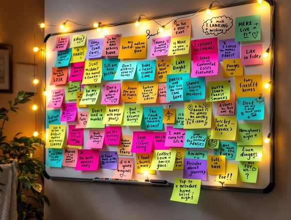 A digital whiteboard filled with colorful sticky notes, some overlapping, showcasing a variety of handwritten ideas and doodles, under warm, inviting lighting.