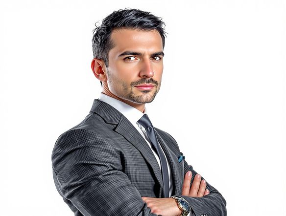 A confident man in his early 30s with short dark hair, wearing a gray suit, against a clean white background. Include a modern, stylized ai signature generator in the corner. Professional, clean, corporate headshot, 4k resolution.