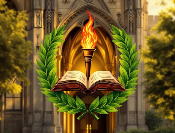 A crest containing an open book and torch, framed by laurel leaves, with a stately university building in the background, bathed in golden light.
