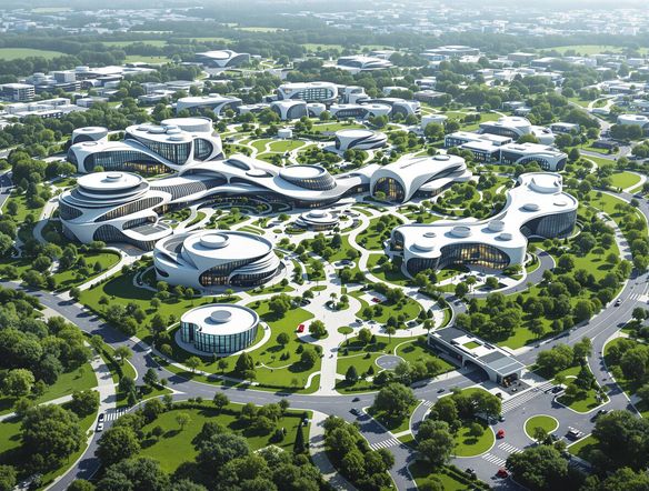 Generate a detailed site plan of a modern university campus, showcasing academic buildings, dormitories, a library, and a student union. Include lush green spaces, walking paths, and parking areas. Use a clear and concise visual style for easy readability.