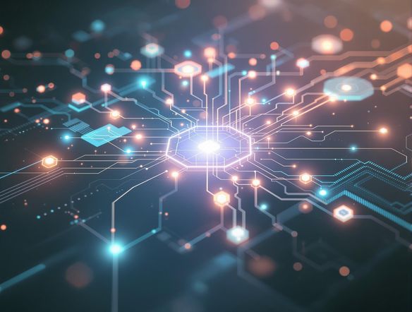 Abstract block diagram, interconnected nodes glowing with data streams, minimalist design, soft ambient light, high-tech feel.