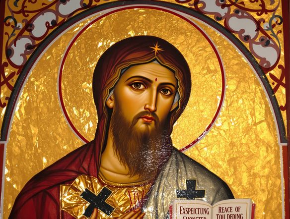 A traditional Byzantine icon painting of a saint, rendered with rich gold leaf and deep, symbolic colors, spiritual icon painting AI, traditional icon generator.