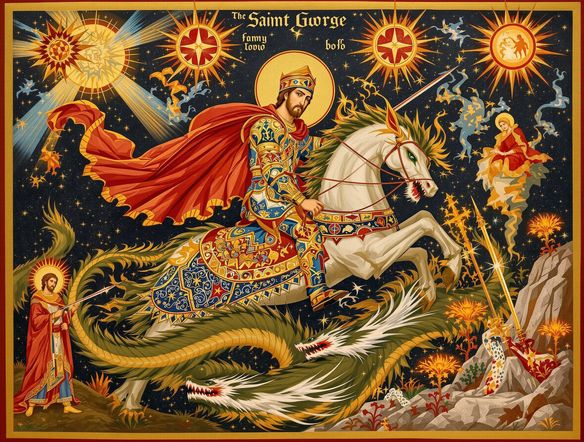 A richly detailed Byzantine icon of Saint George, painted in traditional gold leaf and tempera style, slaying a dragon amidst an ethereal, holy landscape.